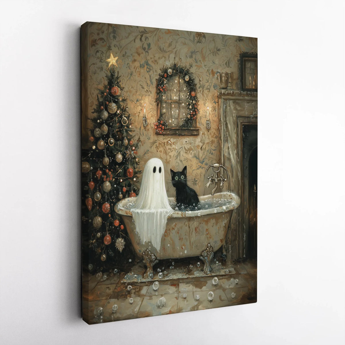 Whimsical Holiday Bath Canvas Print, Ghost and Black Cat Christmas Canvas Wall Art, Spooky Season Cat Canvas, Holiday Wall De