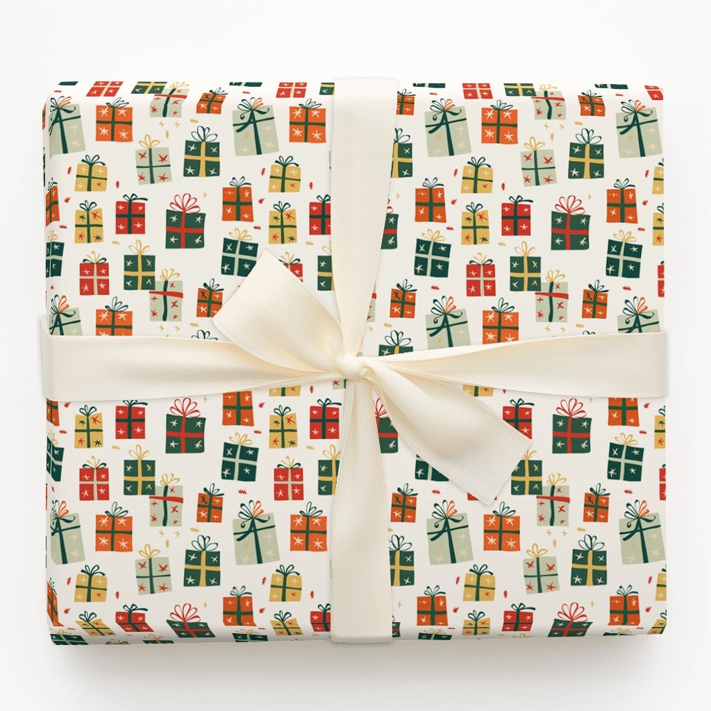 Whimsical Gift Box Wrap, Colorful Present Wrapping Paper, Retro Christmas Boxes Wrapping Paper, Festive Winter Holiday Wrappi