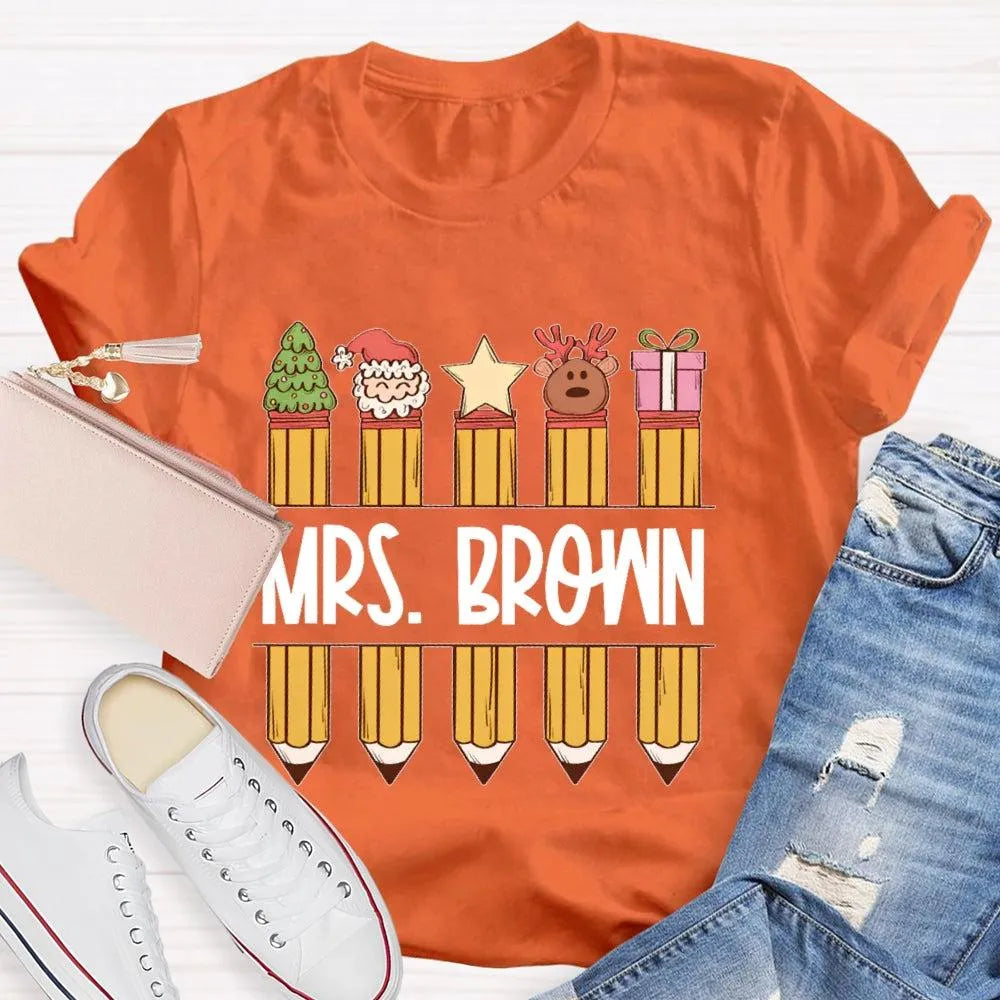 Custom Name Holiday Graphic Tee, Personalized Christmas Pencil Shirt, Adorable Teacher Christmas T-Shirt, Back to School Xmas