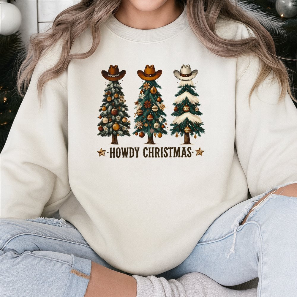 Western Cowboy Hat Tree Crewneck, Howdy Christmas Sweatshirt, Country Holiday Graphic Pullover, Humorous Southern Xmas Sweate