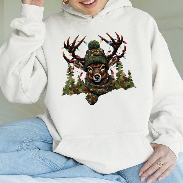 Camo Deer Winter Graphic Sweatshirt, Christmas Deer Hunting Hoodie, Festive Hunter Deer Hoodie, Camouflage Holiday Hoodie, Ou