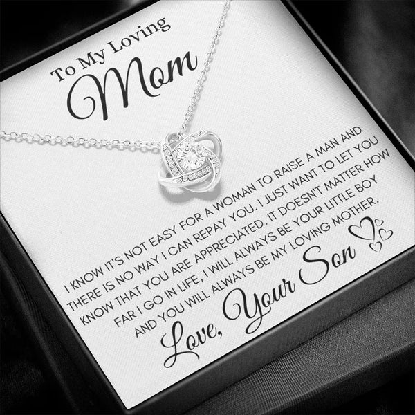 Son to Mother Message Jewelry, Love Knot Necklace for Mom, 14k White Gold Over Stainless Steel Pendant, Birthday Christmas Pr
