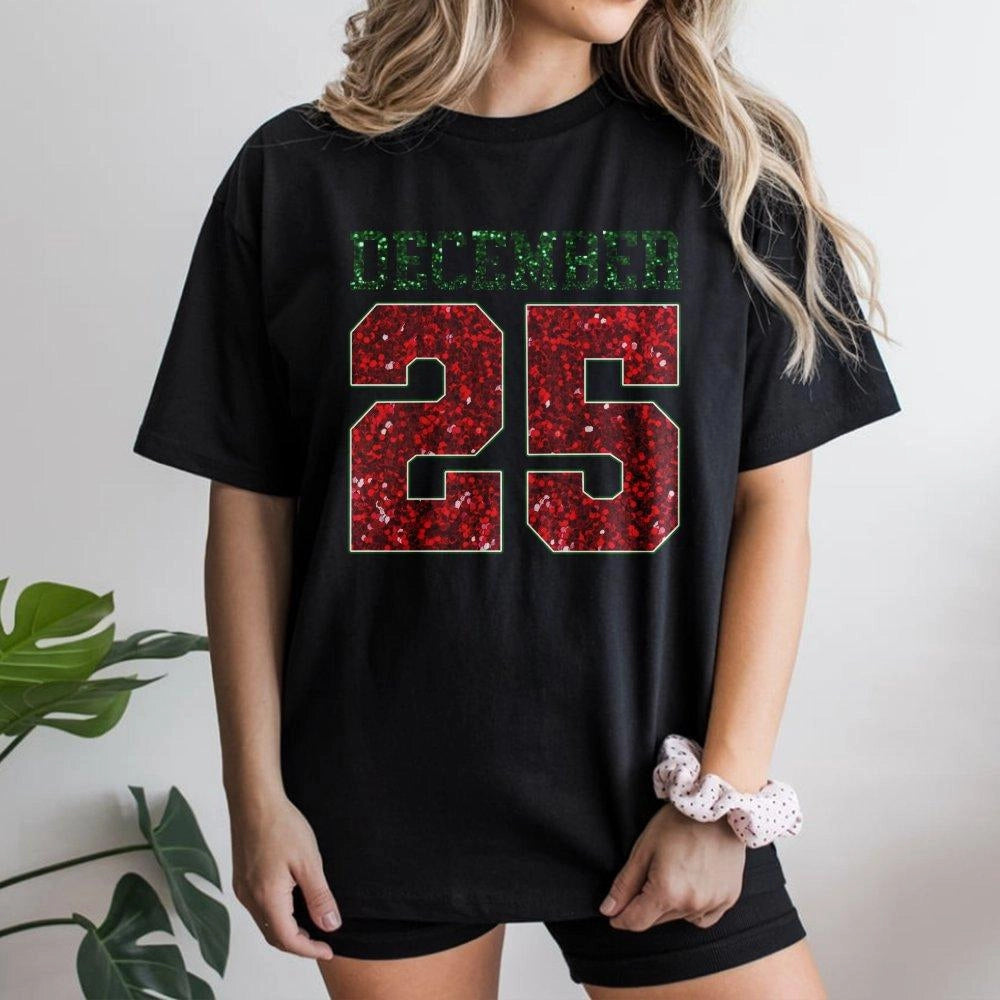 Retro Glitter Number Holiday Graphic Tee, December 25 Christmas T-Shirt, Adorable Festive Xmas Party Shirt, Womens Christmas 
