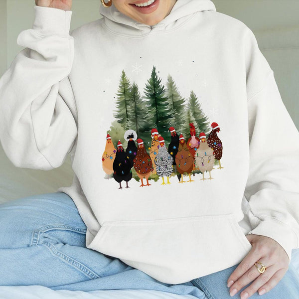 Adorable Holiday Farm Animal Sweatshirt, Christmas Chicken Hoodie, Xmas Chicken Mom Pullover, Farmer Present Sweater, Holiday