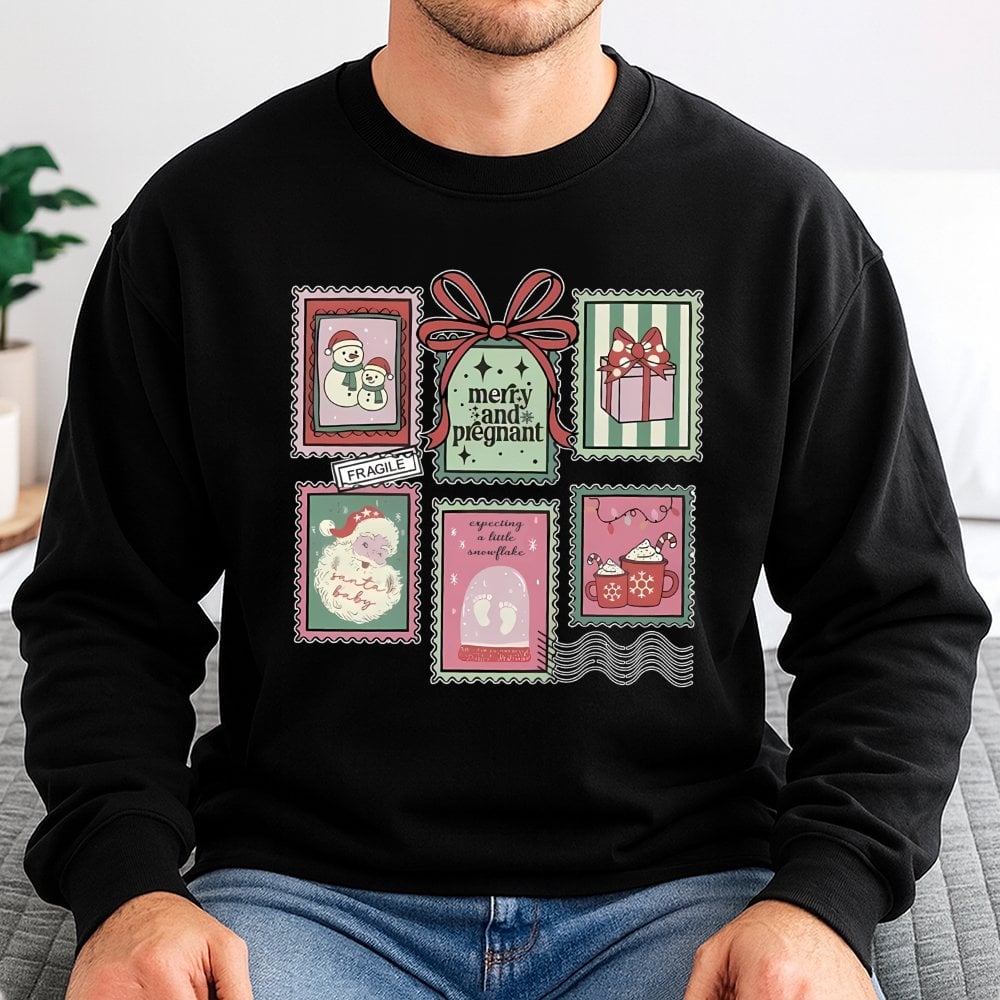Adorable Postage Stamp Holiday Sweatshirt, Merry and Pregnant Christmas Sweatshirt, Baby Announcement Sweatshirt, Expecting M