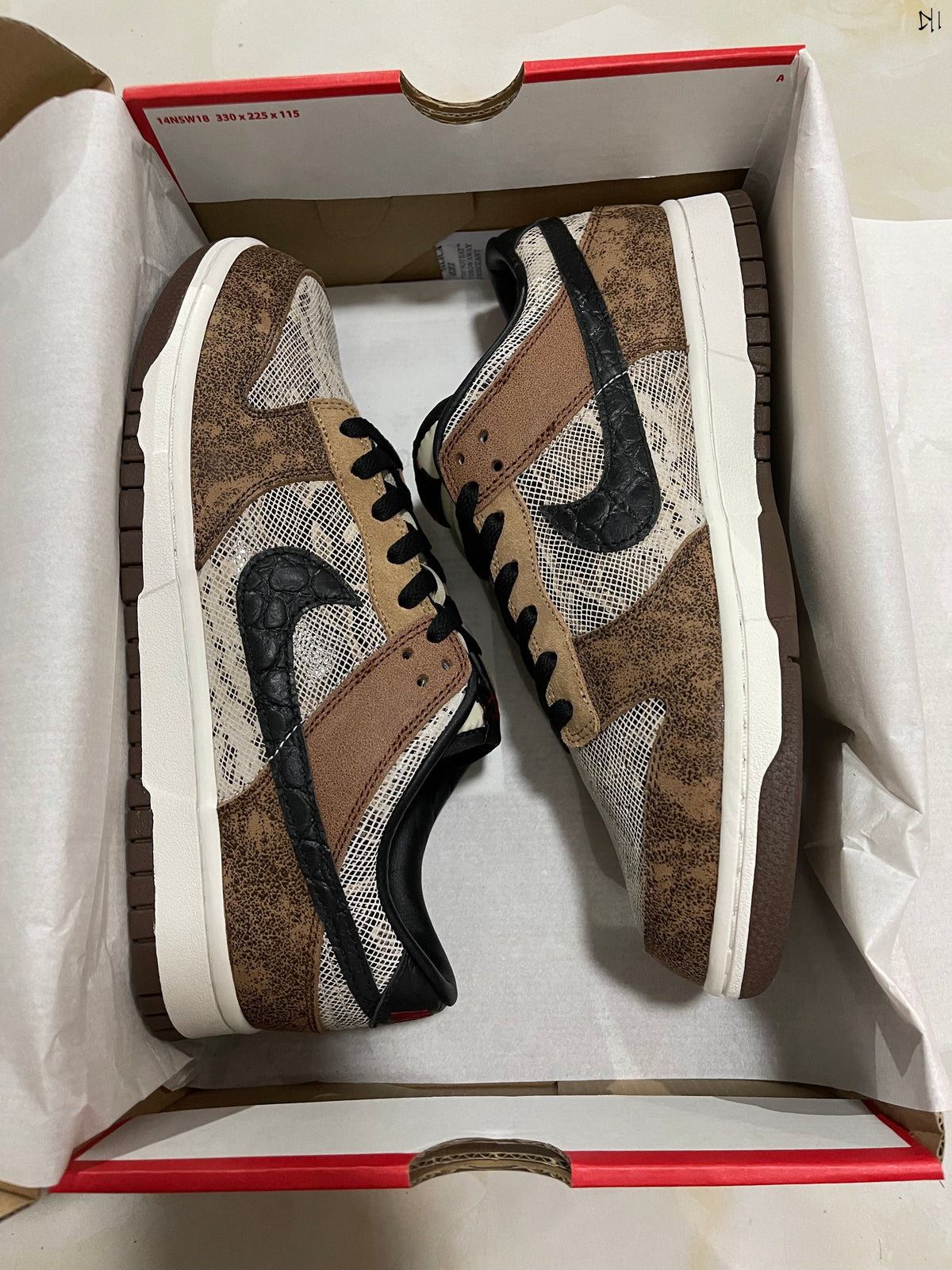 Low Top Sneakers, White Brown Colorway, Snake Pattern, Lace Up Design, Casual Gift for Sneaker Fans