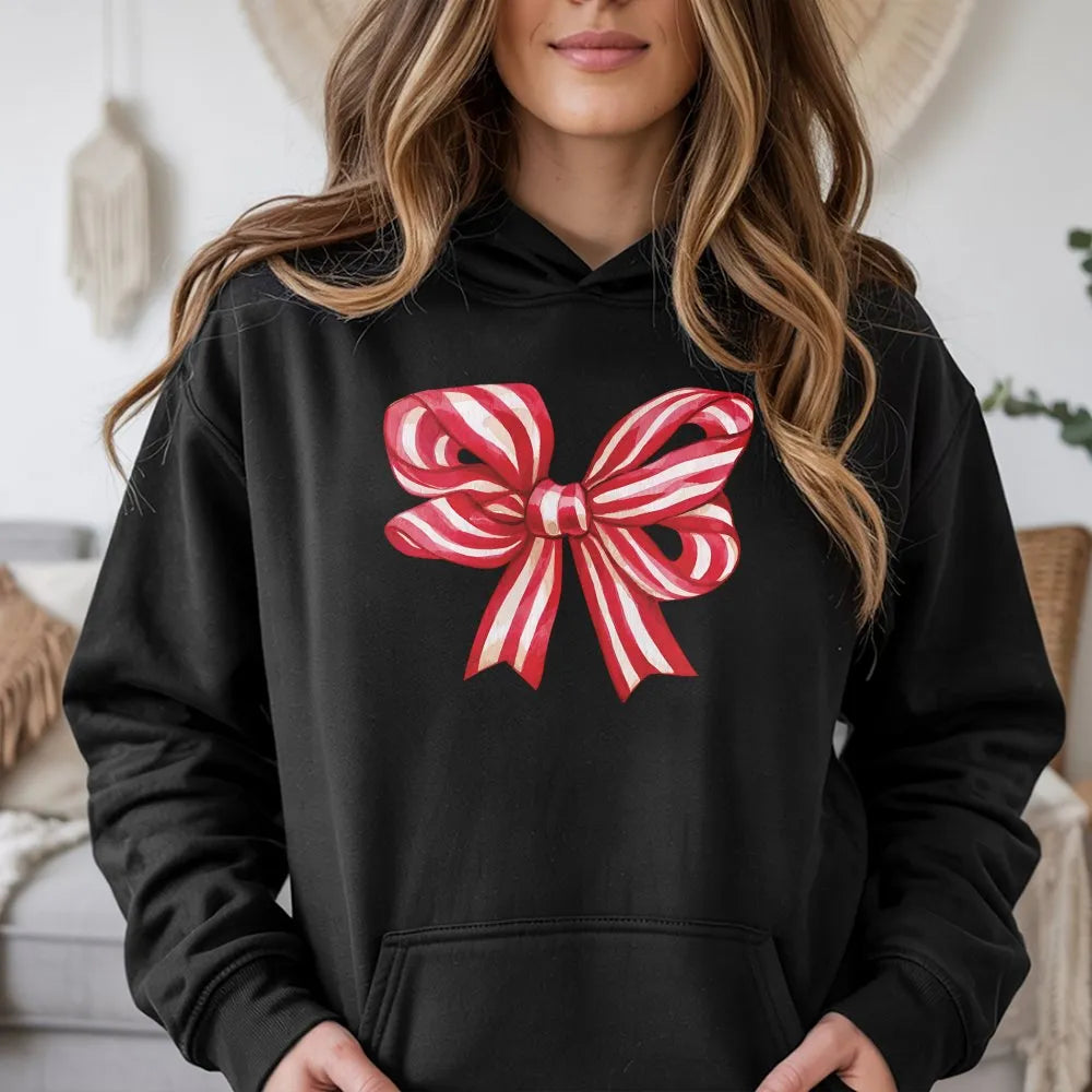 Red Striped Ribbon Sweatshirt, Christmas Bow Hoodie, Adorable Holiday Bow Hooded Pullover, Festive Christmas Graphic Hoodie, 