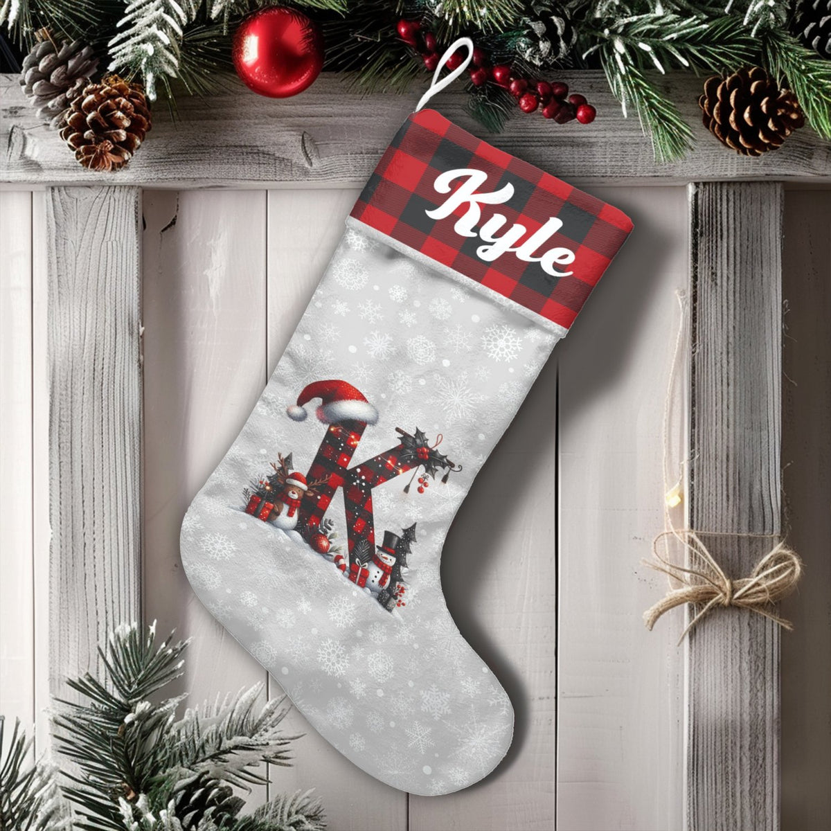Custom Initial Holiday Stocking, Personalized Snowman Buffalo Plaid Christmas Stocking, Velboa Xmas Stocking, Comfy Winter Ma