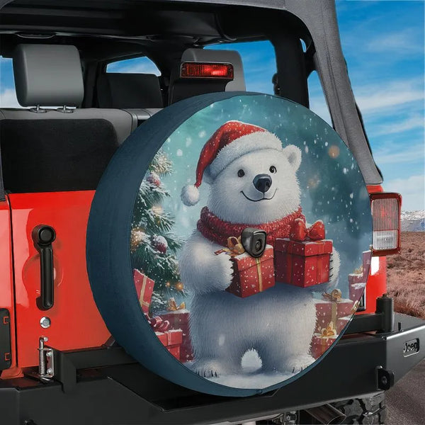 Christmas Santa Hat Wheel Cover, Winter Wonderland Polar Bear Spare Tire Cover, Festive Holiday Tire Protector, Jeep SUV Wint