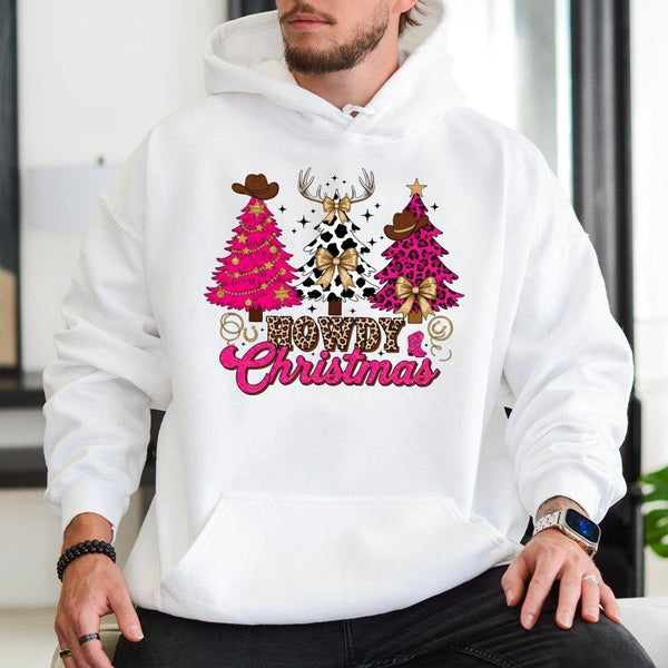 Pink Leopard Cowgirl Hoodie, Howdy Christmas Hoodie, Western Holiday Graphic Sweatshirt, Retro Country Xmas Pullover