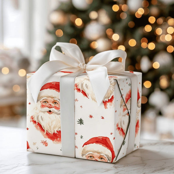 Watercolor Santa Gift Wrap, Vintage Santa Claus Wrapping Paper, Retro Christmas Wrapping Paper, Holiday Present Paper, Xmas P