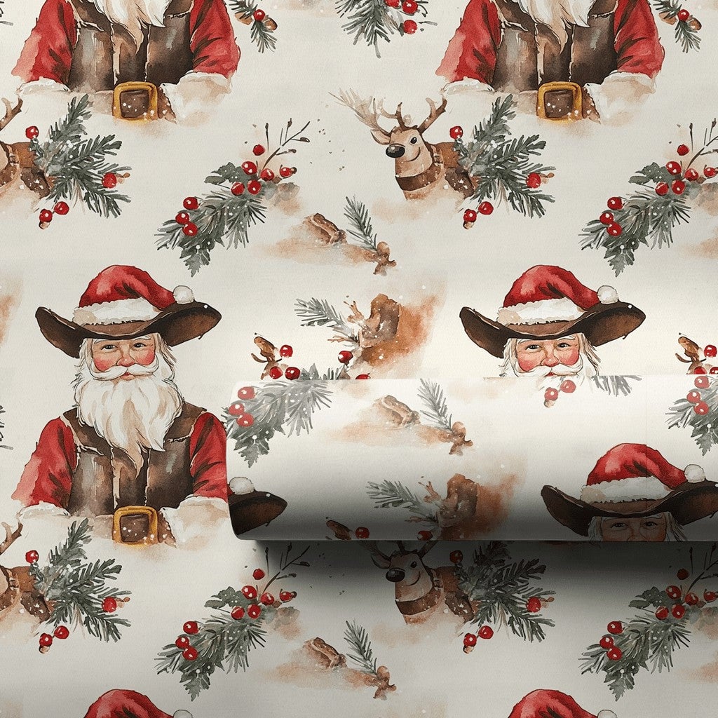Rustic Reindeer Holiday Gift Wrap, Western Cowboy Santa Wrapping Paper, Country Christmas Wrapping Paper, Pine Holly Berry Xm