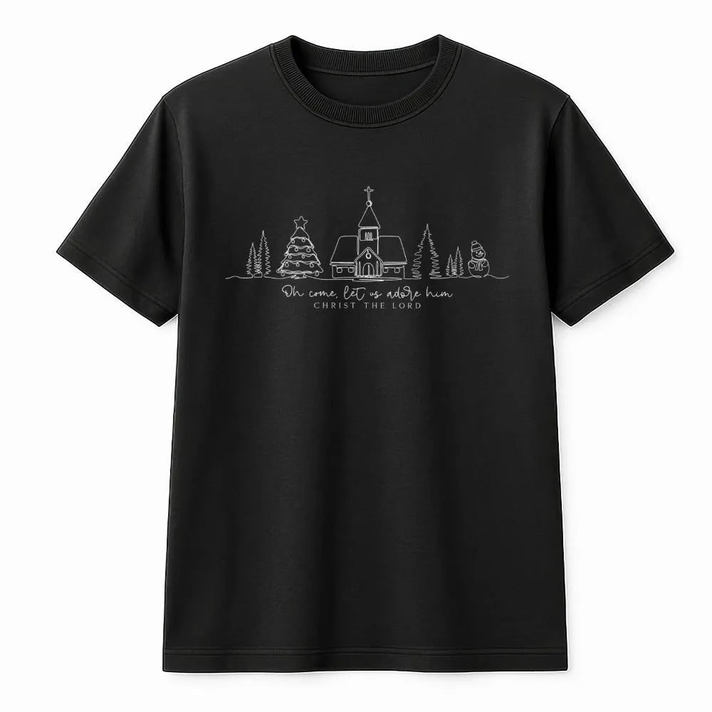 Minimalist Christmas Church T-Shirt, Oh Come Let Us Adore Him T-Shirt, Christian Faith Graphic Tee, Scripture Holiday Shirt, 
