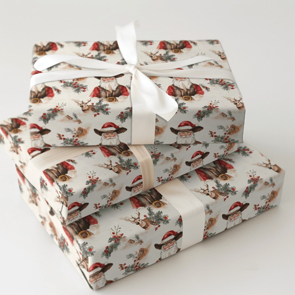 Rustic Reindeer Holiday Gift Wrap, Western Cowboy Santa Wrapping Paper, Country Christmas Wrapping Paper, Pine Holly Berry Xm