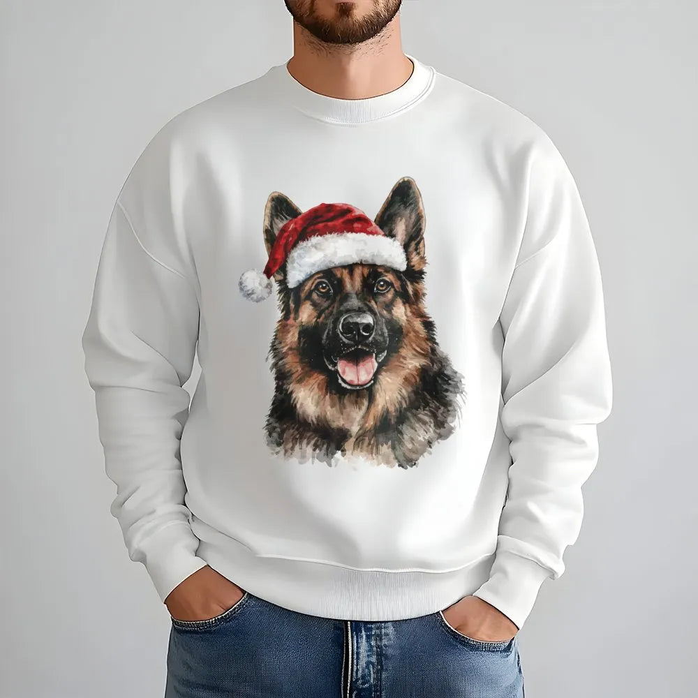 Santa Hat Dog Holiday Sweater, German Shepherd Christmas Sweatshirt, Watercolor Dog Portrait Crewneck, Dog Lover Xmas Pullove