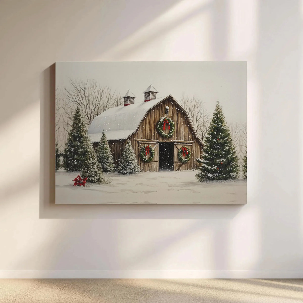 Rustic Winter Farmhouse Canvas Print, Snowy Christmas Barn Canvas Wall Art, Holiday Landscape Canvas Decor, Country Xmas Wall