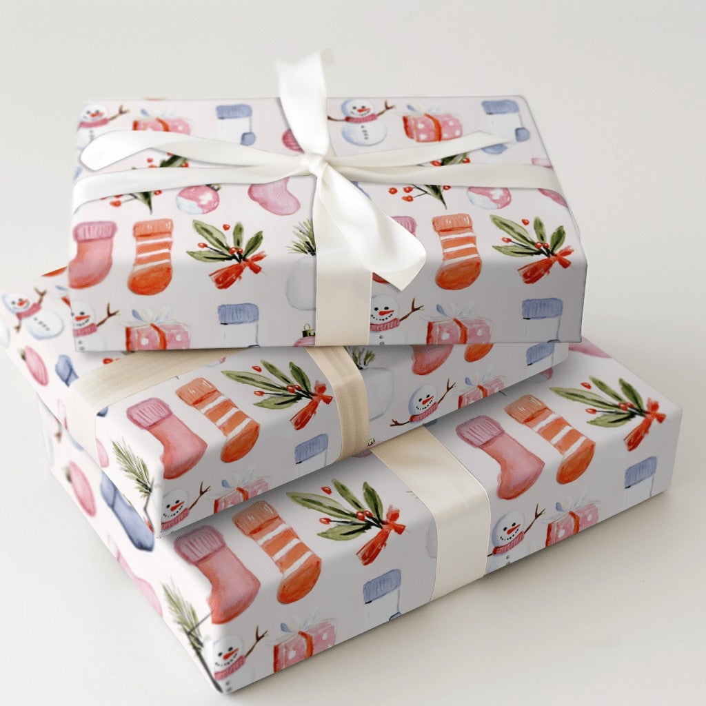 Christmas Icons Wrapping Paper, Watercolor Snowman Stocking Wrapping Paper, Festive Holiday Wrapping Paper Roll, Winter Prese