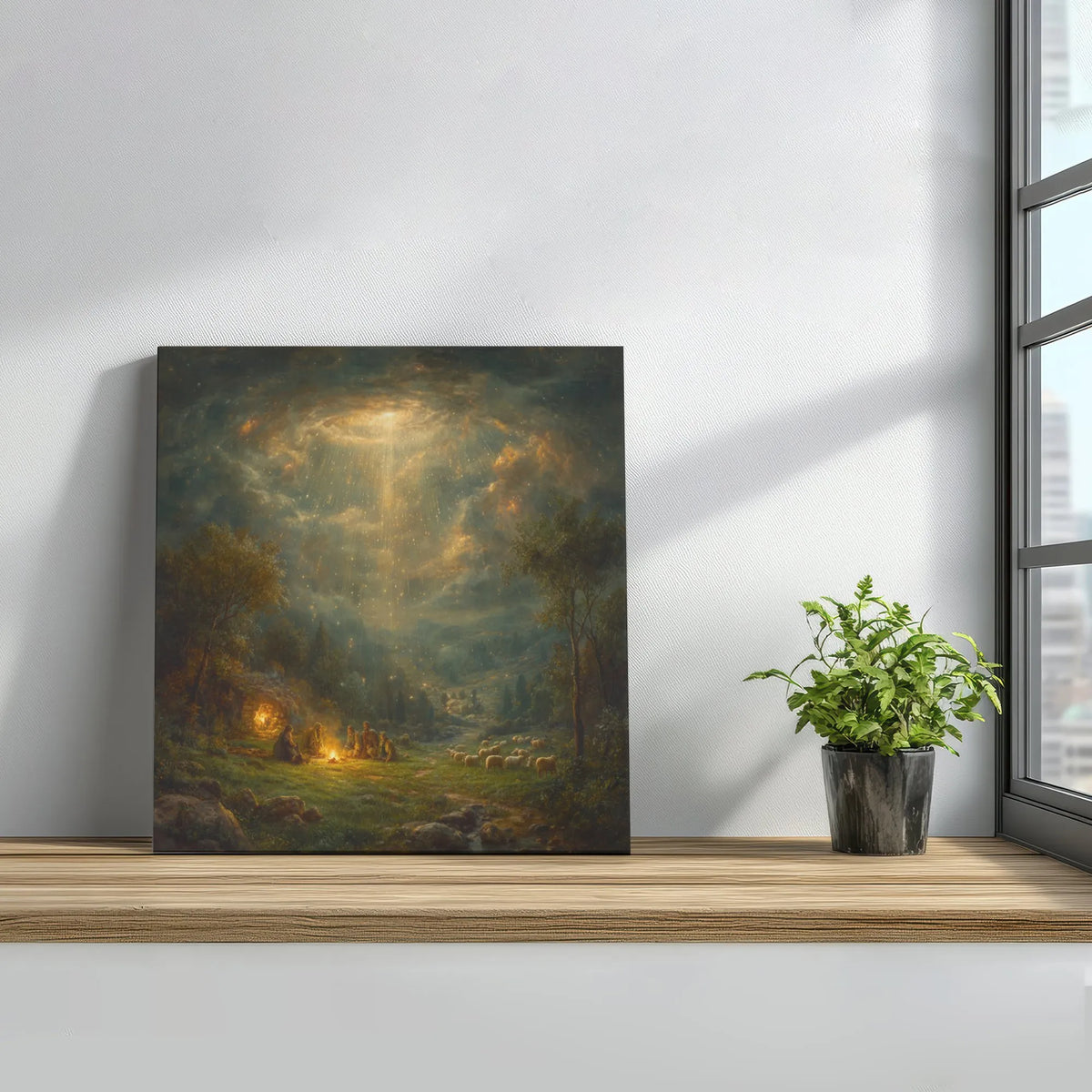 Bethlehem Shepherds Divine Light Painting, Nativity Shepherds Square Canvas, Christian Christmas Wall Decor, Religious Holida