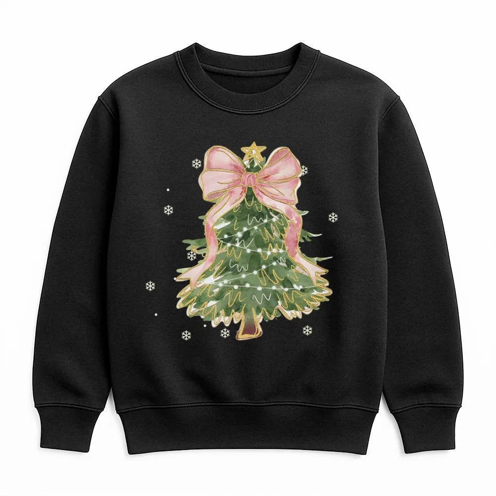 Aesthetic Pink Bow Holiday Crewneck, Coquette Christmas Tree Sweatshirt, Adorable Winter Tree Pullover, Trendy Girly Xmas Pre