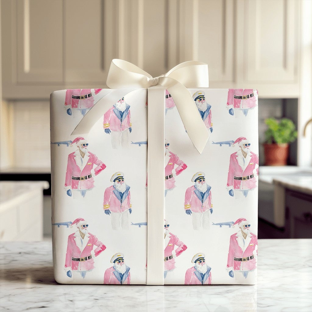 Pink Santa Claus Gift Wrap, Pilot Santa Wrapping Paper, Aviation Travel Christmas Paper, Adorable Airplane Gift Wrap, Holiday