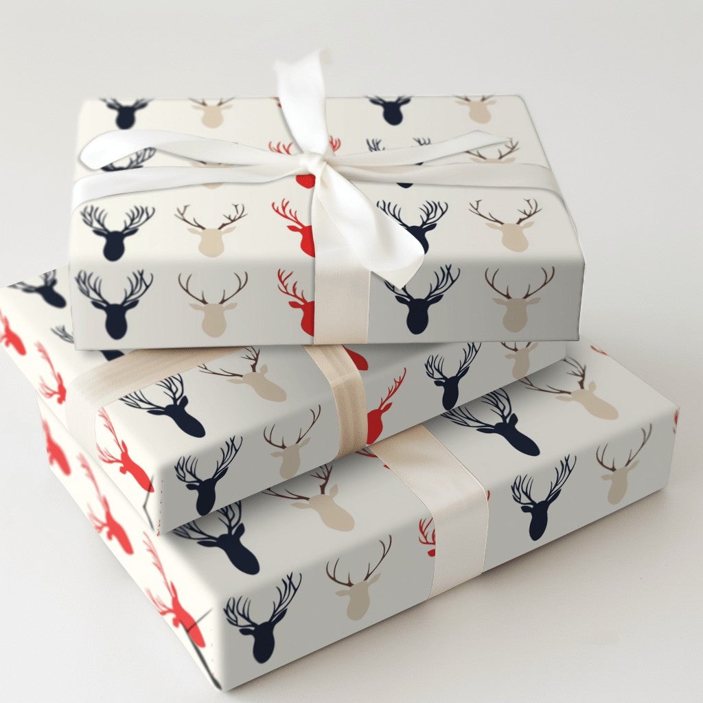 Modern Rustic Deer Gift Wrap, Reindeer Silhouette Christmas Wrapping Paper, Festive Winter Wrapping Paper, Holiday Season Pre