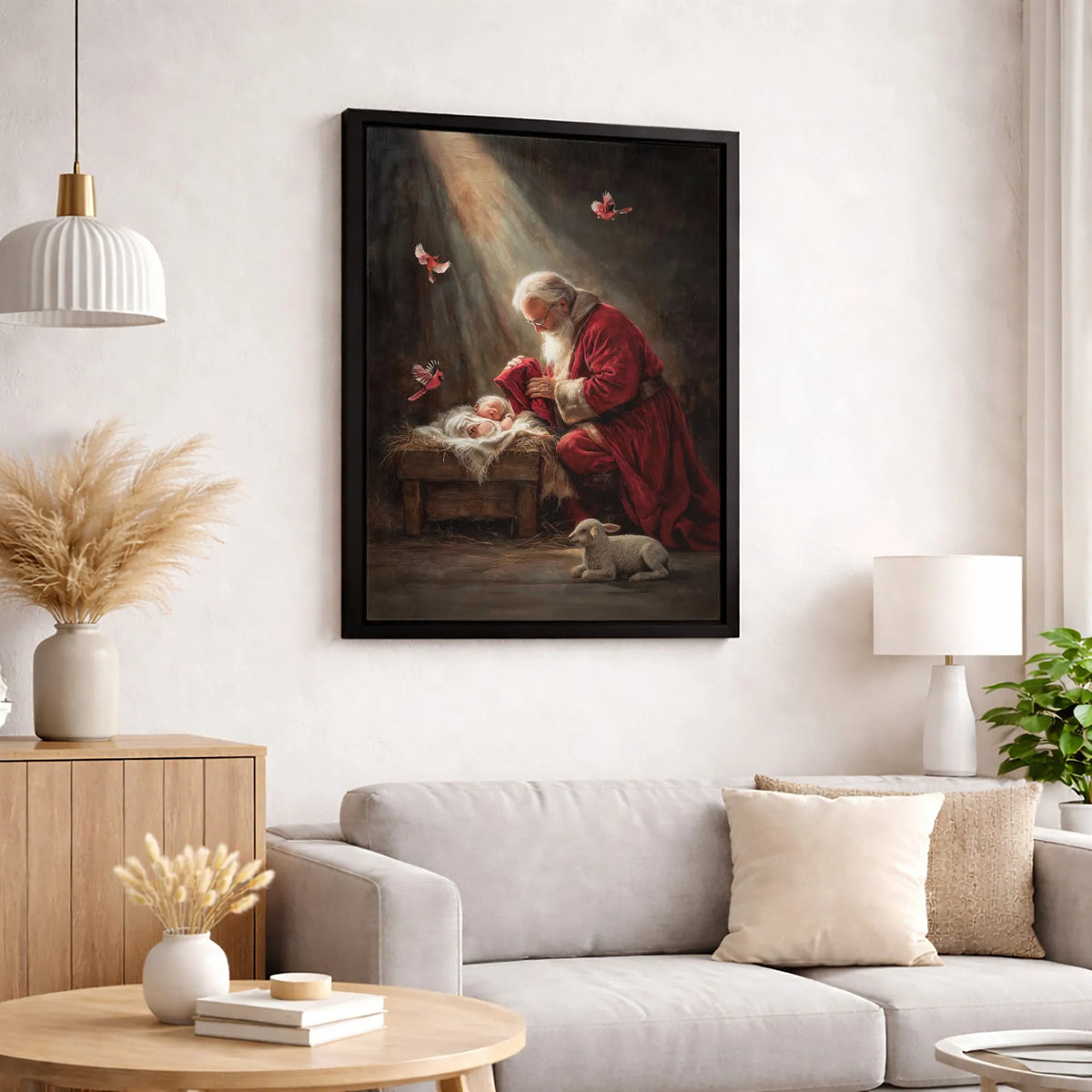 Religious Christmas Nativity Canvas Wall Art, Santa Kneeling at Manger Canvas Print, Holy Night Faith Canvas, Christian Holid