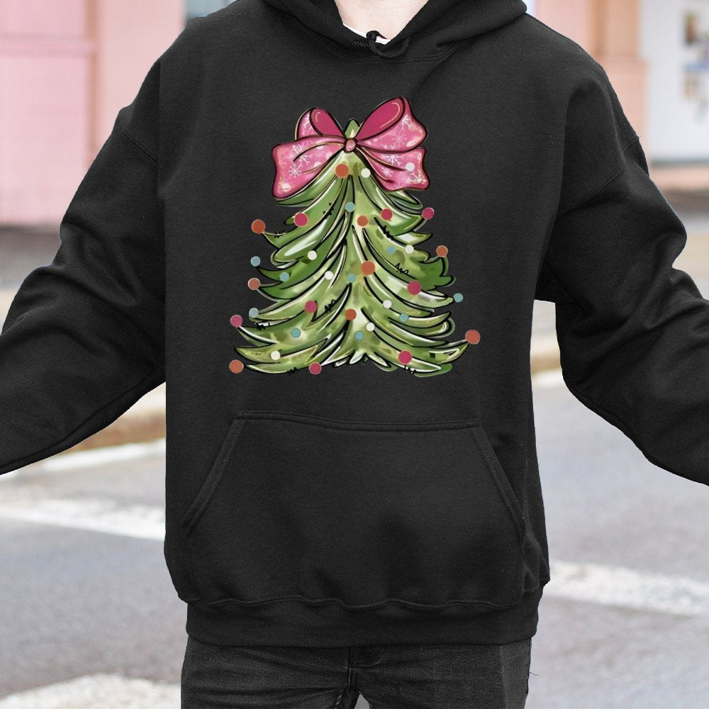 Pink Bow Christmas Tree Hooded Sweatshirt, Watercolor Christmas Tree Hoodie, Adorable Holiday Tree Pullover, Festive Christma