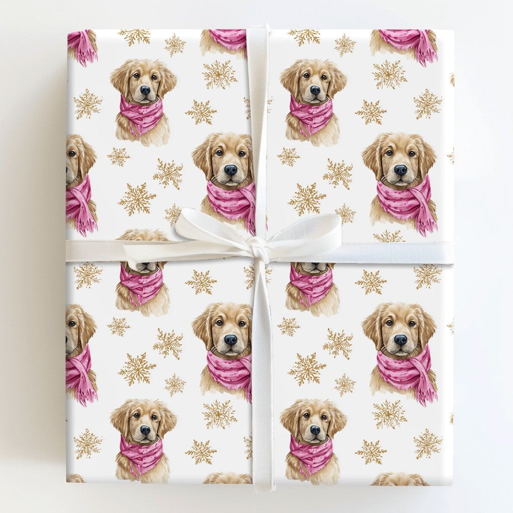 Puppy with Pink Scarf Christmas Gift Wrap, Golden Retriever Wrapping Paper, Watercolor Dog Wrapping Paper, Holiday Pet Gift W