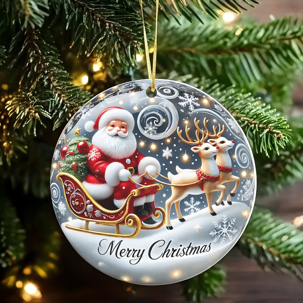 Reindeer Sleigh Holiday Ornament, Santa Claus Christmas Ornament, Ceramic Xmas Tree Ornament, Festive Keepsake, Holiday Home 