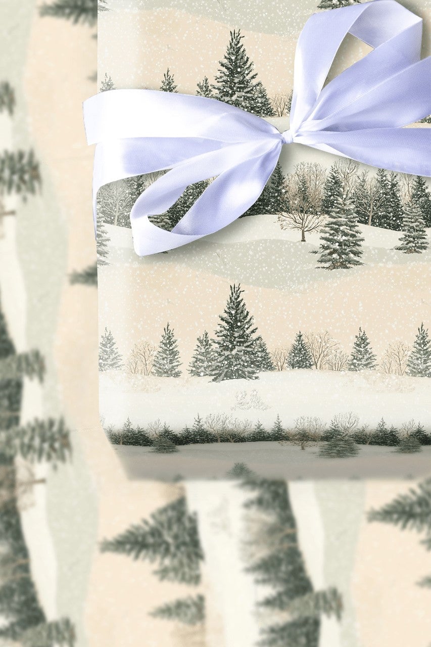 Snowy Pine Tree Gift Wrap, Winter Forest Wrapping Paper, Rustic Holiday Wrapping Paper, Scenic Woodland Gift Wrap, Christmas 