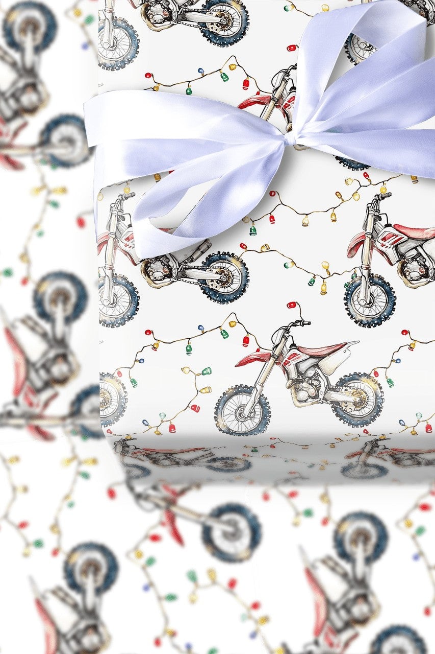 Dirt Bike Holiday Gift Wrap Roll, Motocross Christmas Wrapping Paper, Christmas Lights Dirt Biker Present Paper, Racing Theme