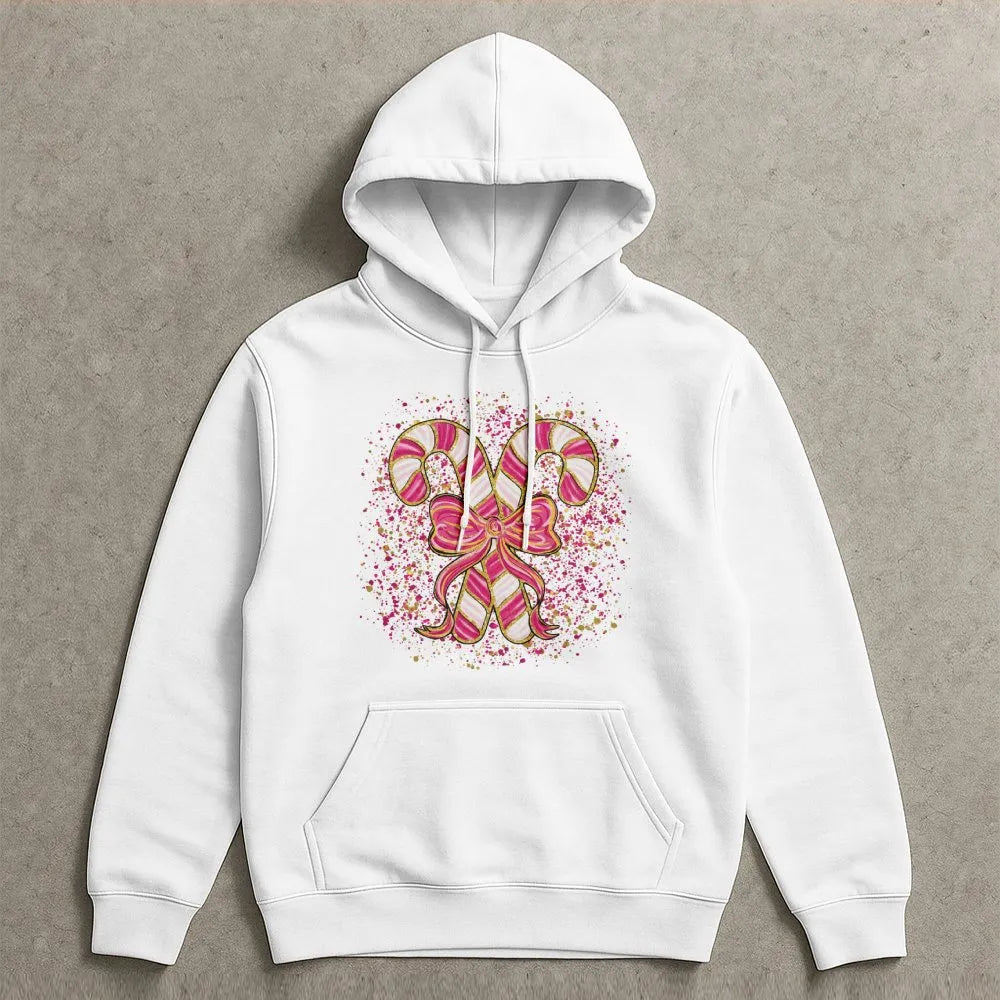 Coquette Bow Christmas Hoodie, Pink Candy Cane Hoodie, Aesthetic Candy Cane Hooded Sweatshirt, Adorable Xmas Candy Cane Pullo