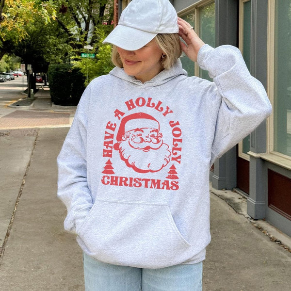 Retro Santa Graphic Holiday Sweatshirt, Holly Jolly Christmas Hoodie, Comfy Winter Season Hooded Pullover, Christmas Santa Ho