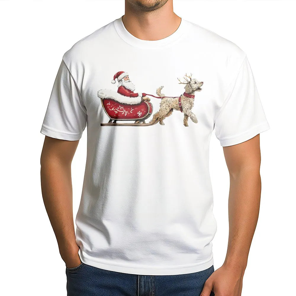 Santa Claus Sleigh Doodle Dog Graphic Tee, Goldendoodle Christmas T-Shirt, Humorous Dog Lover Xmas Shirt, Adorable Winter Pet