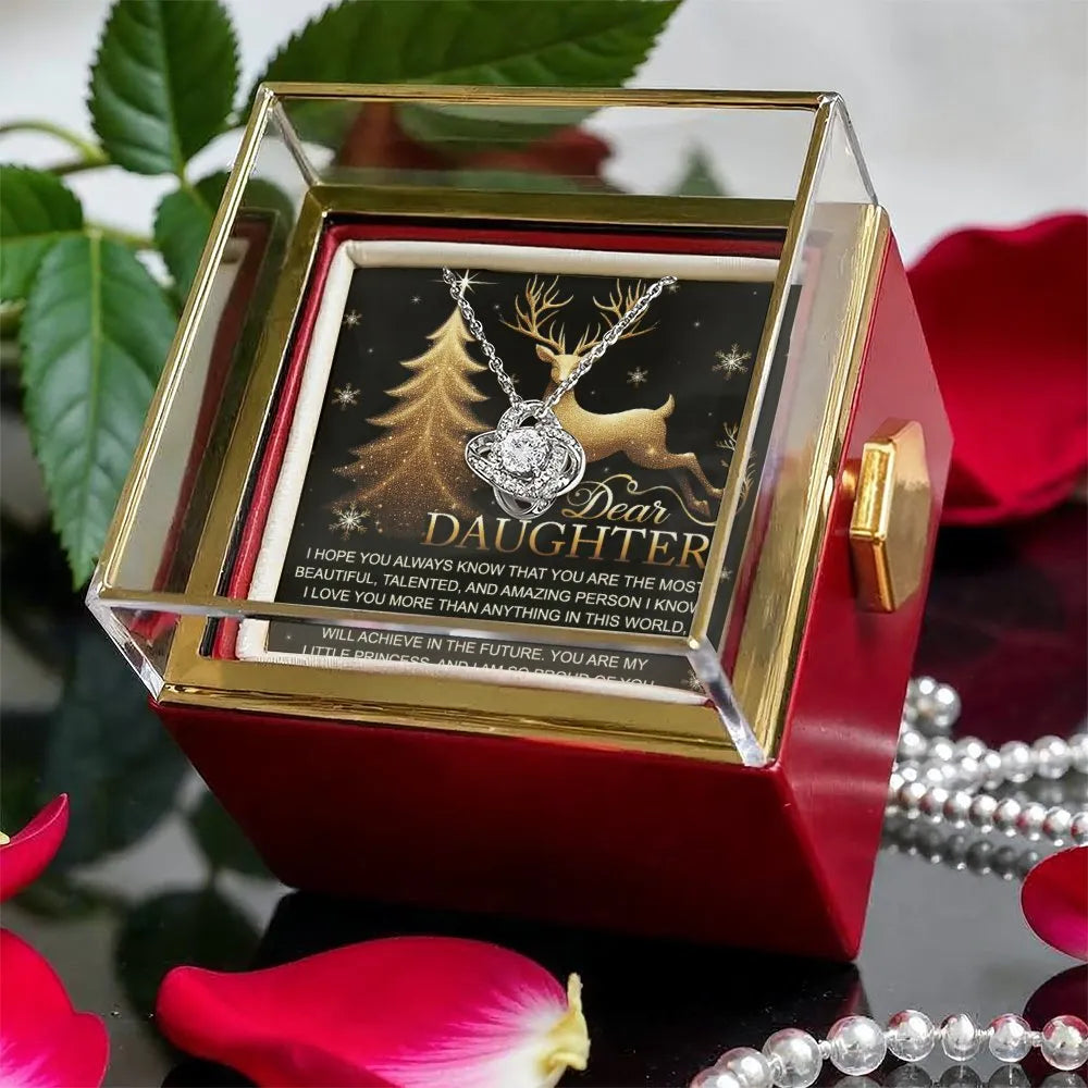 Christmas Reindeer Love Knot Pendant, Daughter Love Knot Necklace, Holiday Love Knot Jewelry with Rose Box, Heartfelt Present