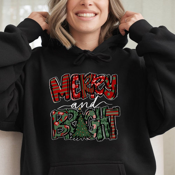 Festive Plaid Tree Graphic Hoodie, Merry and Bright Christmas Hoodie, Comfy Winter Holiday Hoodie