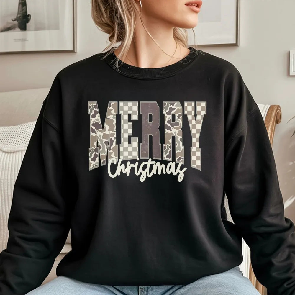 Checkered Holiday Lettering Crewneck, Merry Christmas Camo Sweatshirt, Southern Country Hunter Xmas Sweater, Winter Holiday P