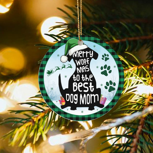 Green Plaid Dog Silhouette Ceramic Ornament, Merry Woof Mas Dog Mom Christmas Ornament, Pet Holiday Tree Ornament, Xmas Dog L