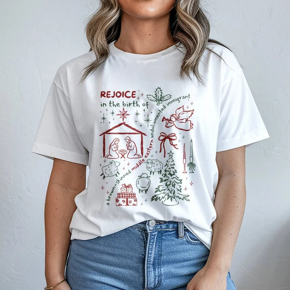 Social Justice Christmas Shirt, Rejoice in the Birth T-Shirt, Progressive Holiday Graphic Tee, Middle Eastern Nativity T-Shir