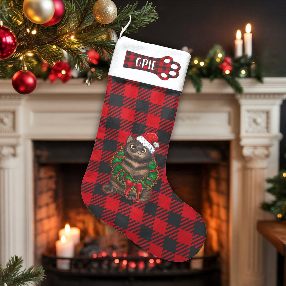 Red Buffalo Plaid Pet Stocking, Personalized Cat Christmas Stocking, Custom Cat Name Holiday Stocking, Pet Lover Xmas Mantle 