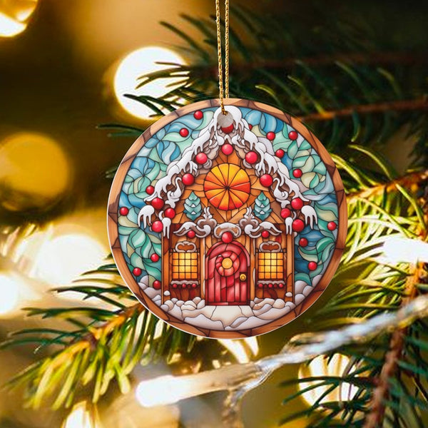 Stained Glass Art Christmas Ornament, Gingerbread House Ceramic Ornament, Festive Holiday Home Decor, Adorable Xmas Keepsake 