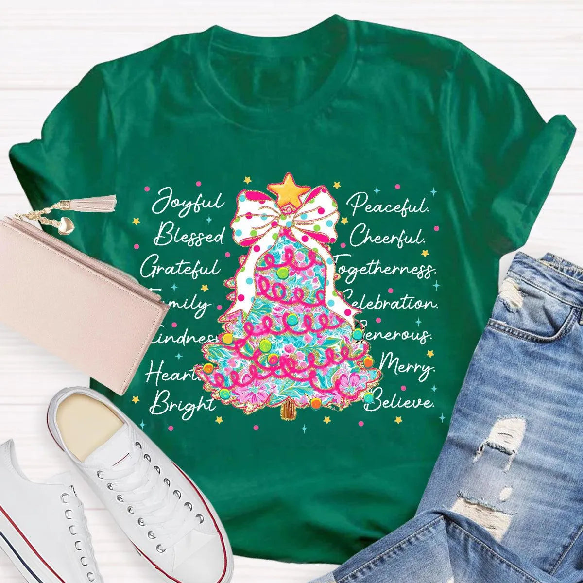Aesthetic Holiday Graphic Tee, Joyful Peaceful Cheerful Christmas Tree T-Shirt, Retro Xmas Tree Shirt, Festive Winter Holiday