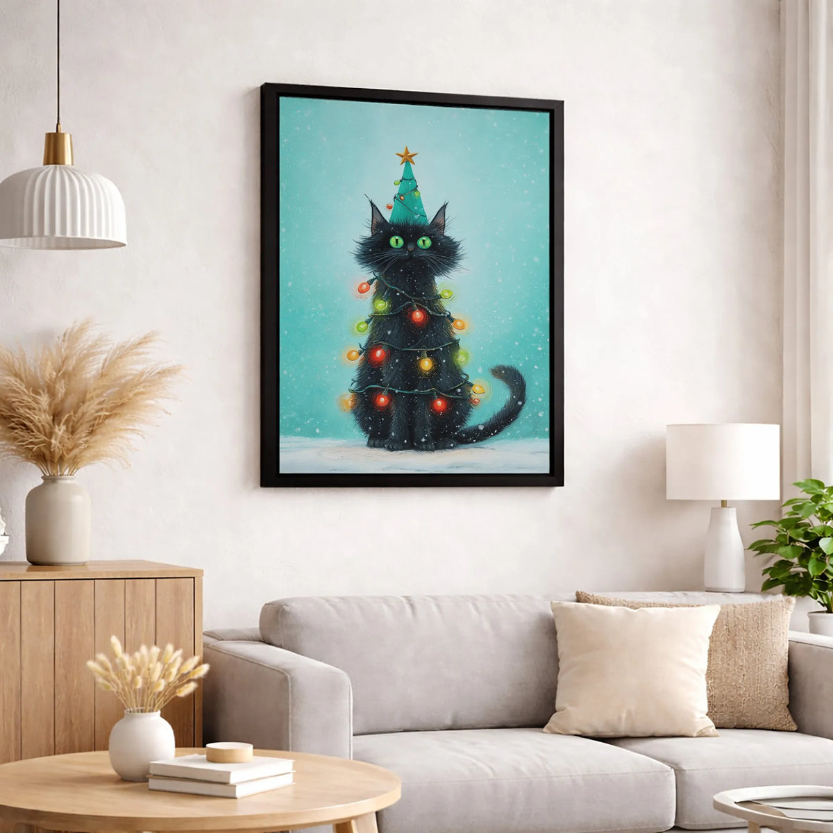 Whimsical Holiday Kitten Wall Art, Black Cat Christmas Tree Canvas, Festive Seasonal Cat Tree Print, Adorable Xmas Cat Lover 