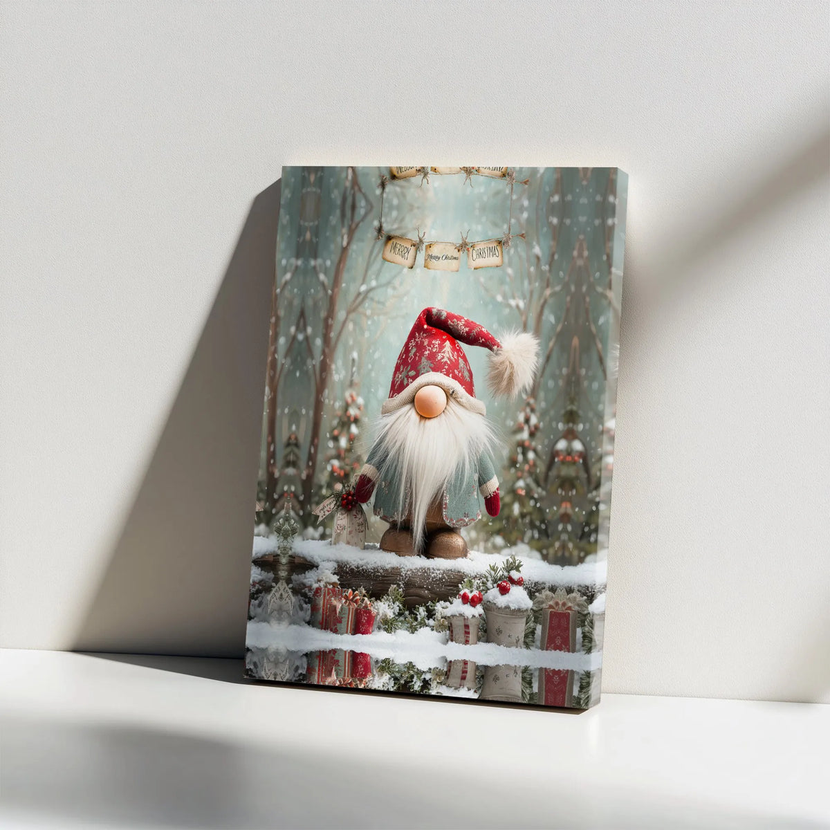 Snowy Winter Forest Canvas Print, Christmas Gnome Canvas Wall Art, Adorable Holiday Gnome Canvas Decor, Festive Xmas Wall Art