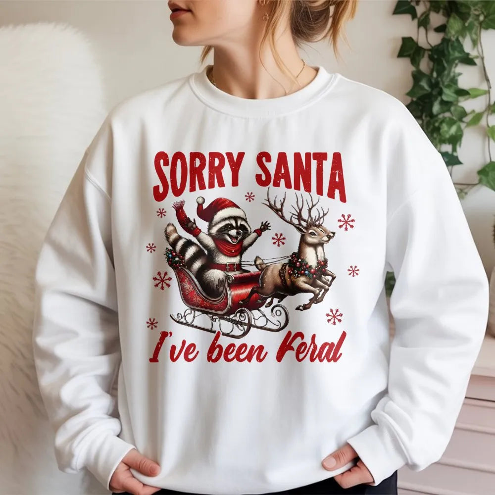 Humorous Trash Panda Ugly Sweater, Sorry Santa I've Been Feral Raccoon Sweatshirt, Adorable Holiday Raccoon Crewneck, Christm
