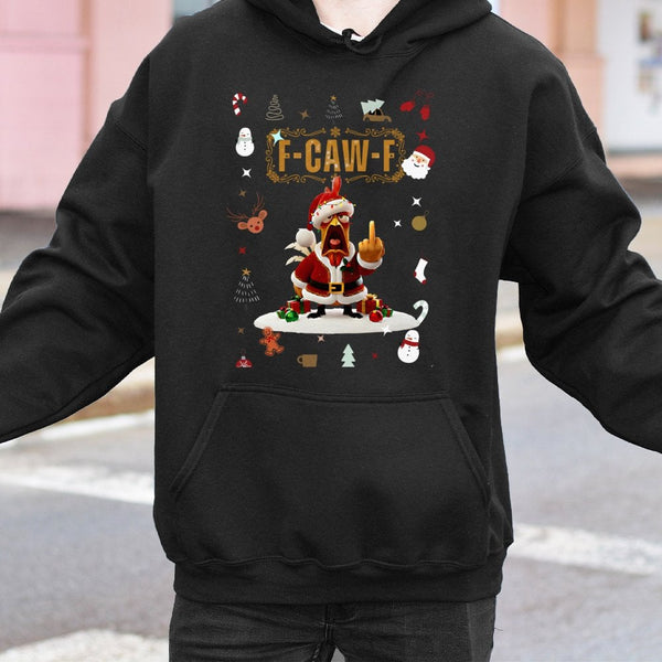Humorous Santa Chicken Hoodie, F-Caw-F Christmas Hoodie, Rude Holiday Middle Finger Hooded Sweatshirt, Humorous Xmas Farm Ani