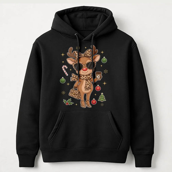 Leopard Print Christmas Hoodie, Boujee Reindeer Hoodie, Adorable Holiday Reindeer Hoodie, Festive Winter Sweatshirt, Xmas Pre