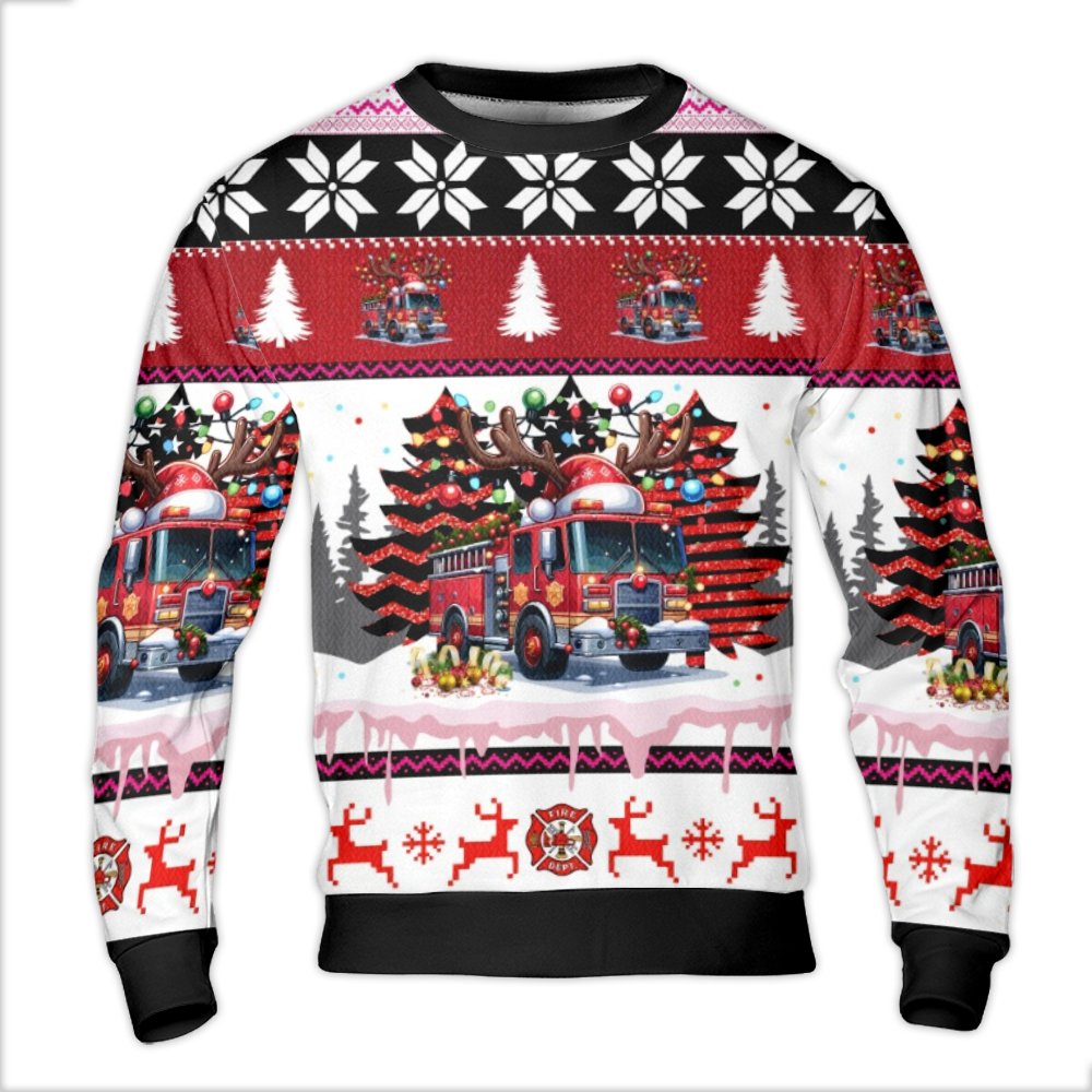 Fire Truck Holiday Sweatshirt, Firefighter Christmas Ugly Sweater, Reindeer Antlers Ugly Sweater, Festive Fireman Ugly Christ