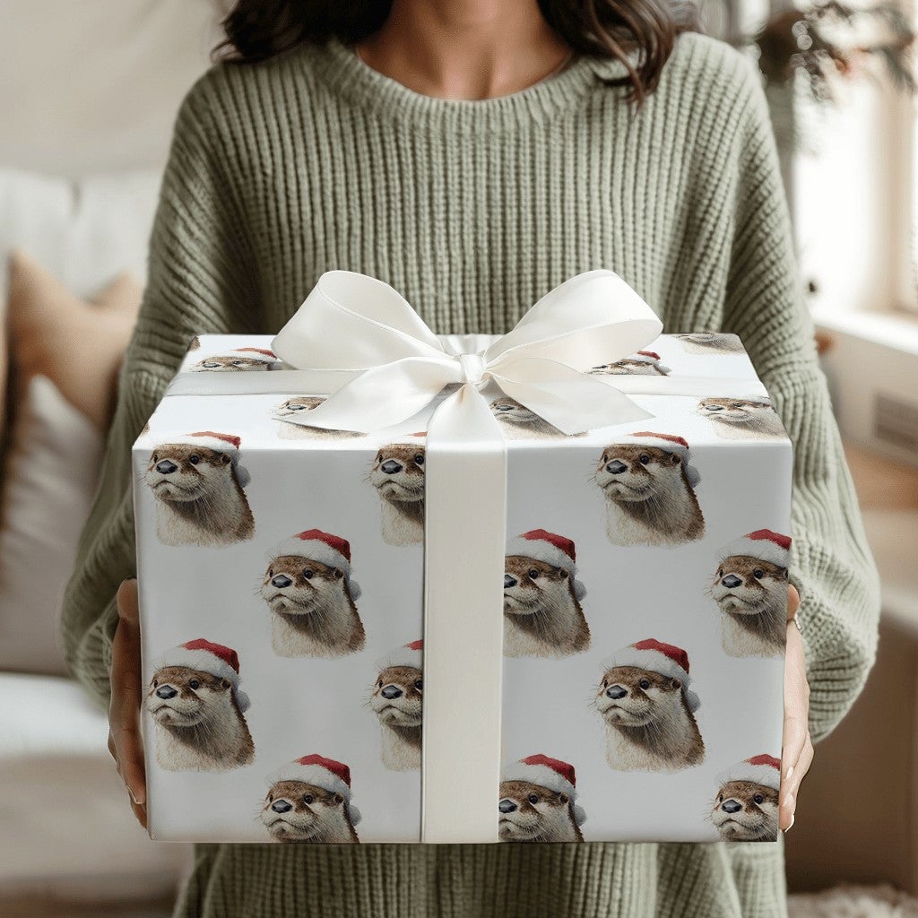 Adorable Otter Holiday Wrapping Paper, Santa Hat Otter Christmas Wrapping Paper, Humorous Animal Winter Wrapping Paper, Festi