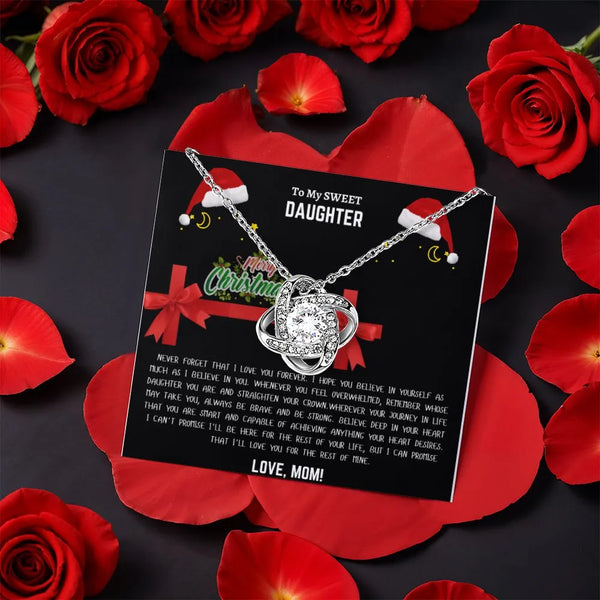 Christmas Present from Mom, Daughter Love Knot Necklace, Rotating Rose Box, CZ Crystal Love Knot Pendant, Meaningful Daughter
